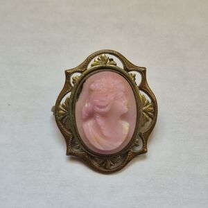 vintage pink glass cameo brooch with brass frame
